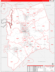 San Joaquin County, CA Wall Map Zip Code Red Line Style 2026